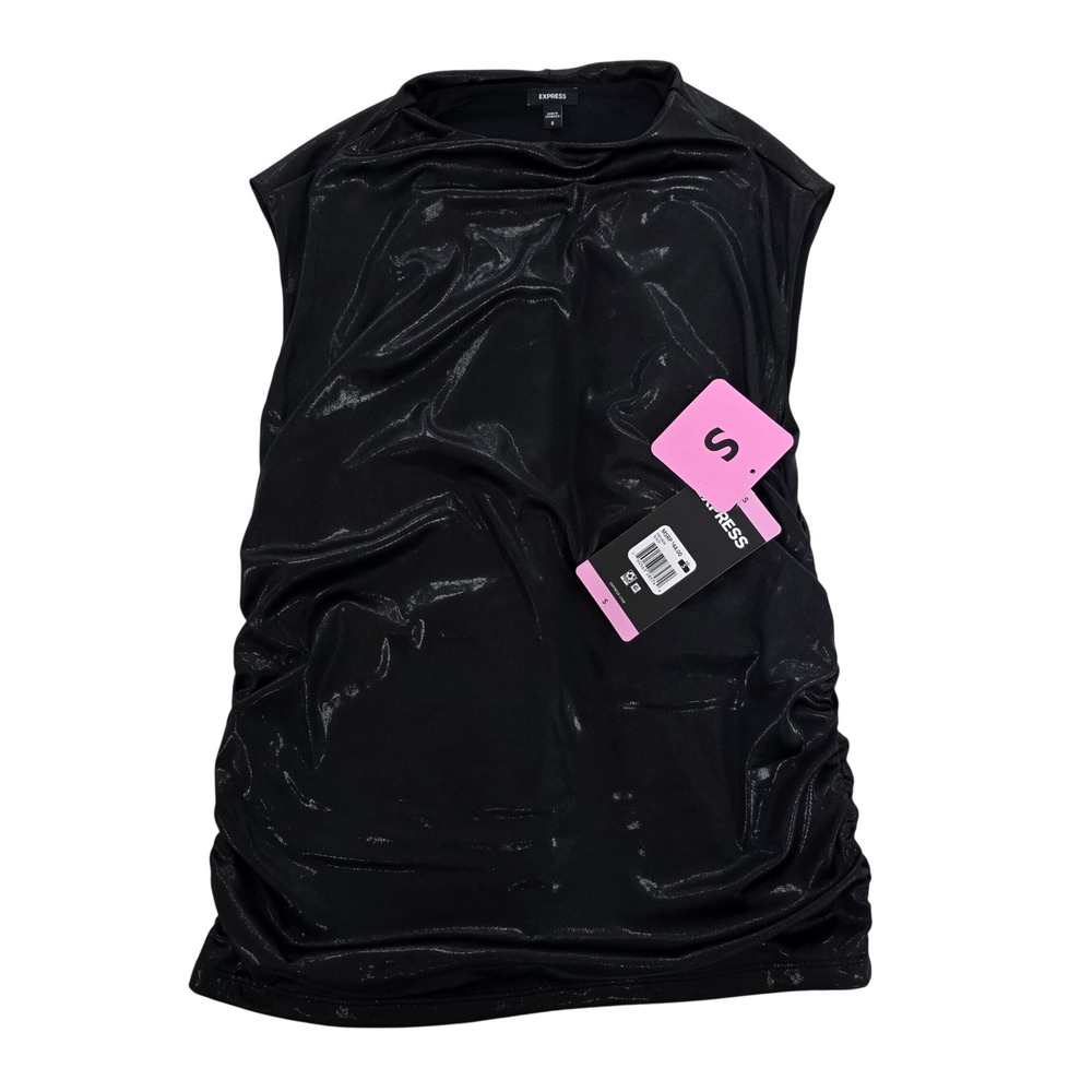 Express Womens Mock Neck‎ Tank Top Black Metallic Ruched Side Sleeveless S NWT